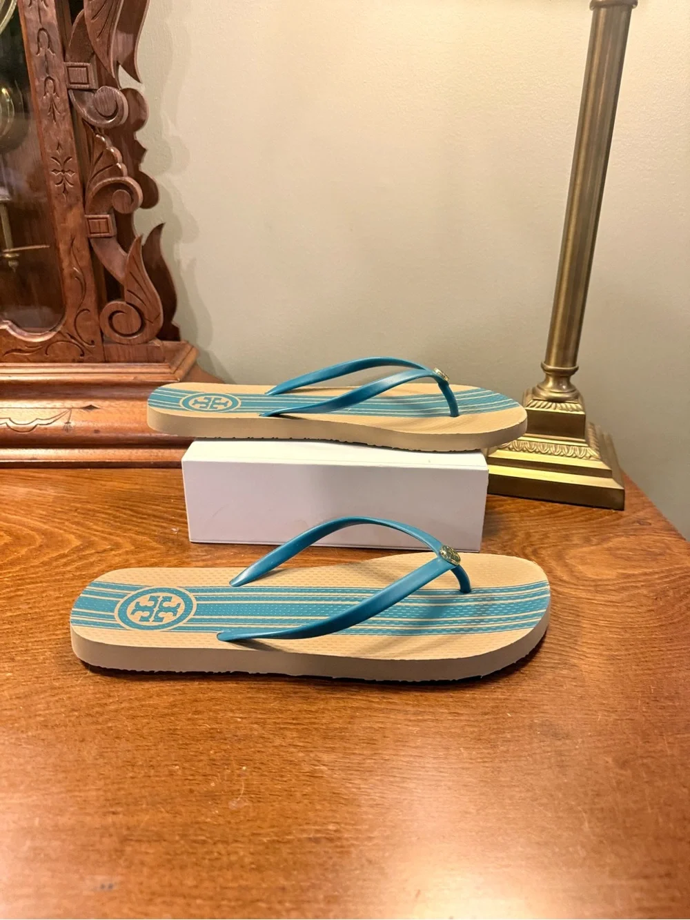 Tory Burch Teal Strap Sandals with Tan Striped Footbed Size 11